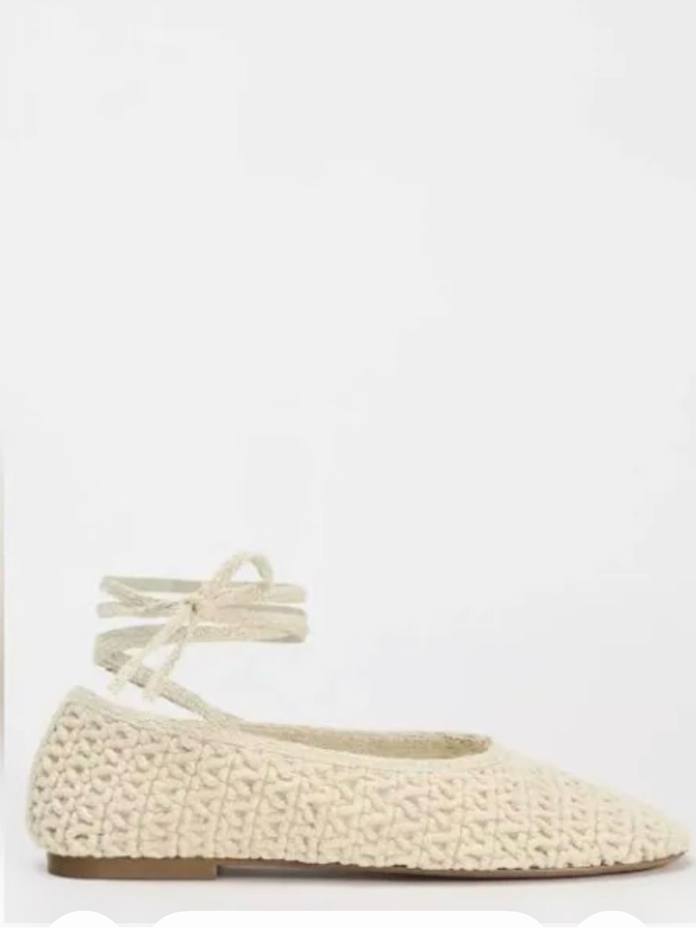 Zara Woven Crochet Ankle-Tie Ballet Flat - Cream